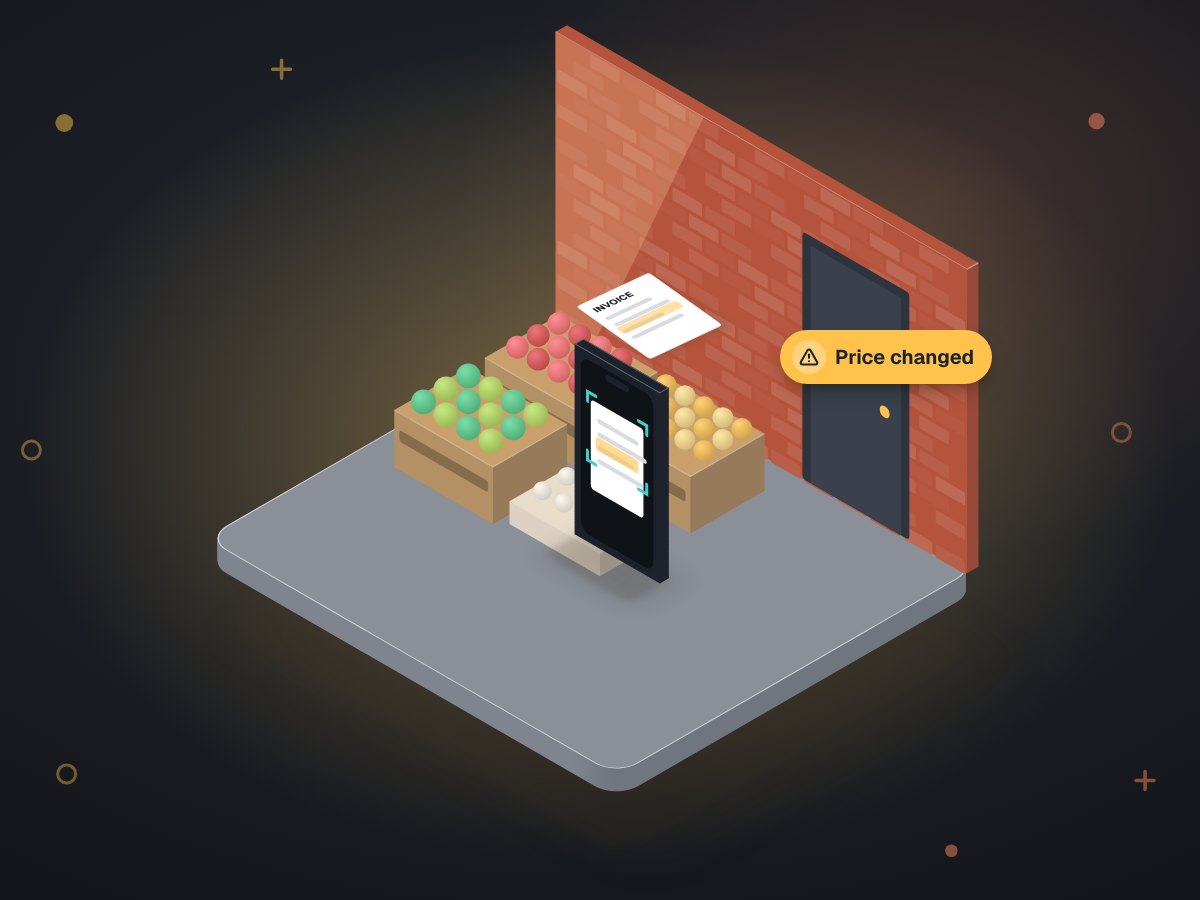 A restaurant back door at dawn with crates of produce and a phone photographing a paper invoice on top.