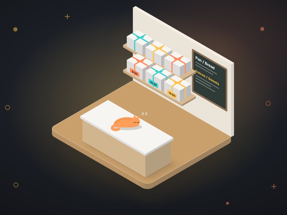 A bakery pickup shelf with boxed holiday preorders, each tagged with a pickup time, beside a bilingual menu board.