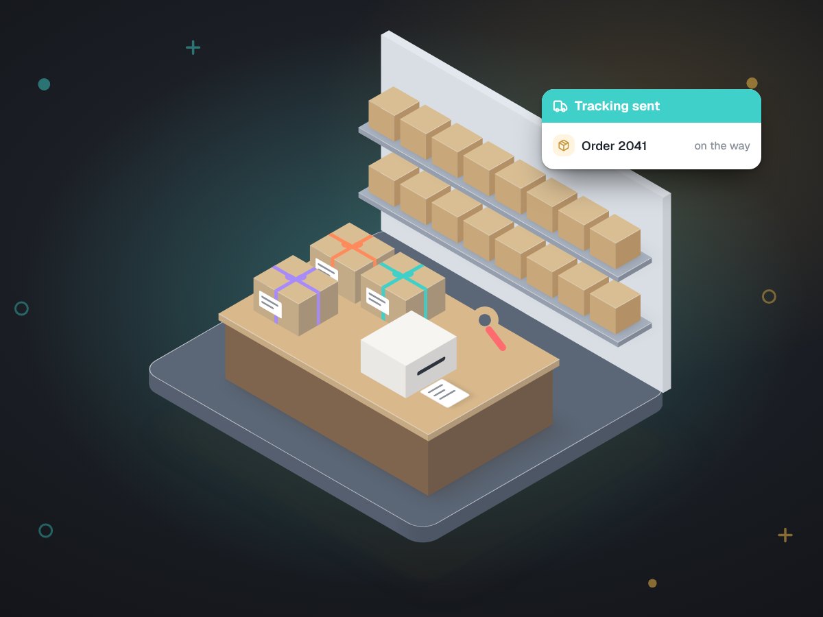 A packing table with parcels each wearing exactly one shipping label, a roll of kraft paper and a tracking card in teal.
