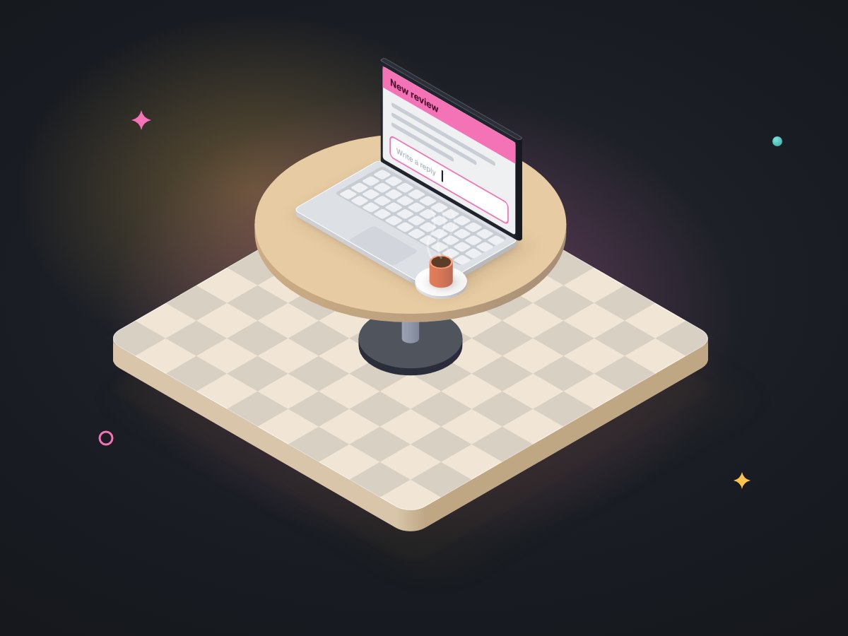 Illustration of a laptop showing a new review alert card with an empty reply box waiting for the owner to write.