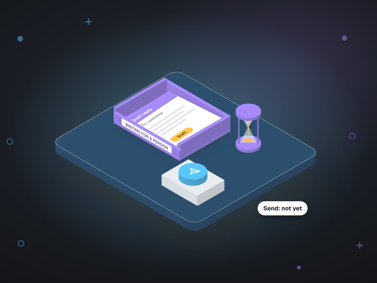 Illustration: a drafted email waiting in a tray for a person, with an hourglass and an unpressed send button