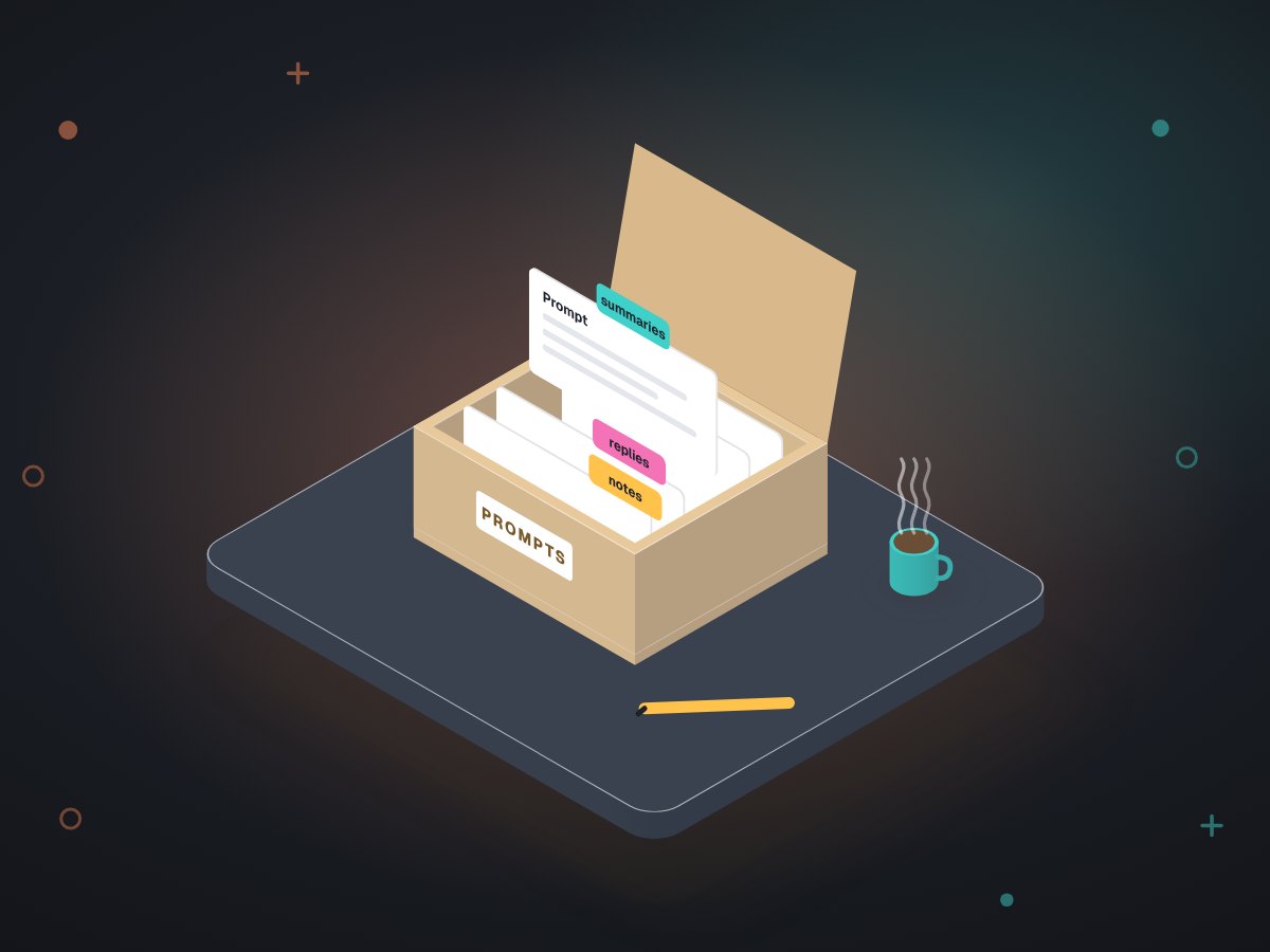 Illustration: a card file of team prompts with colourful tabs, one card pulled out
