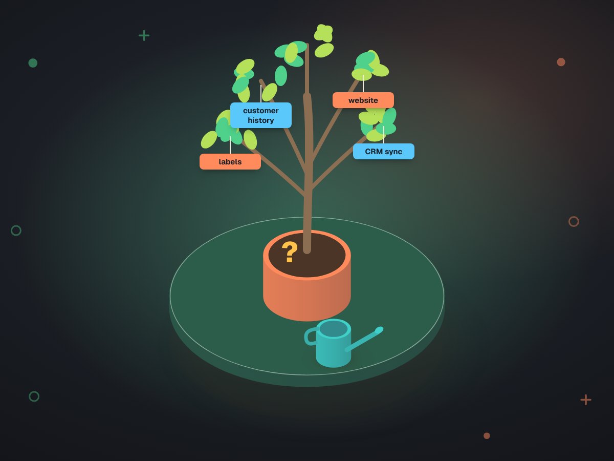 Illustration: a small tree grown from one question, its branches hung with tags for later projects