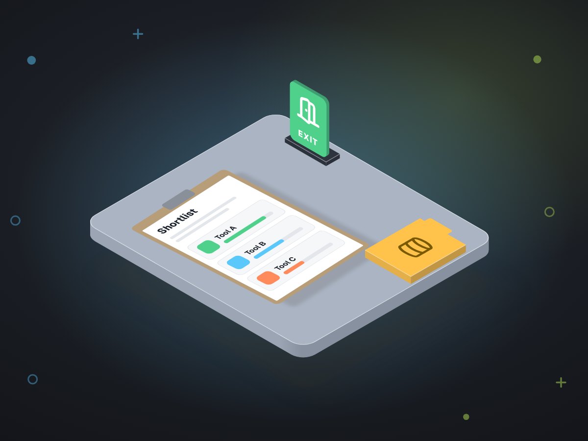 Illustration: a memo with three scored tool cards, next to an exit door sign and a data folder