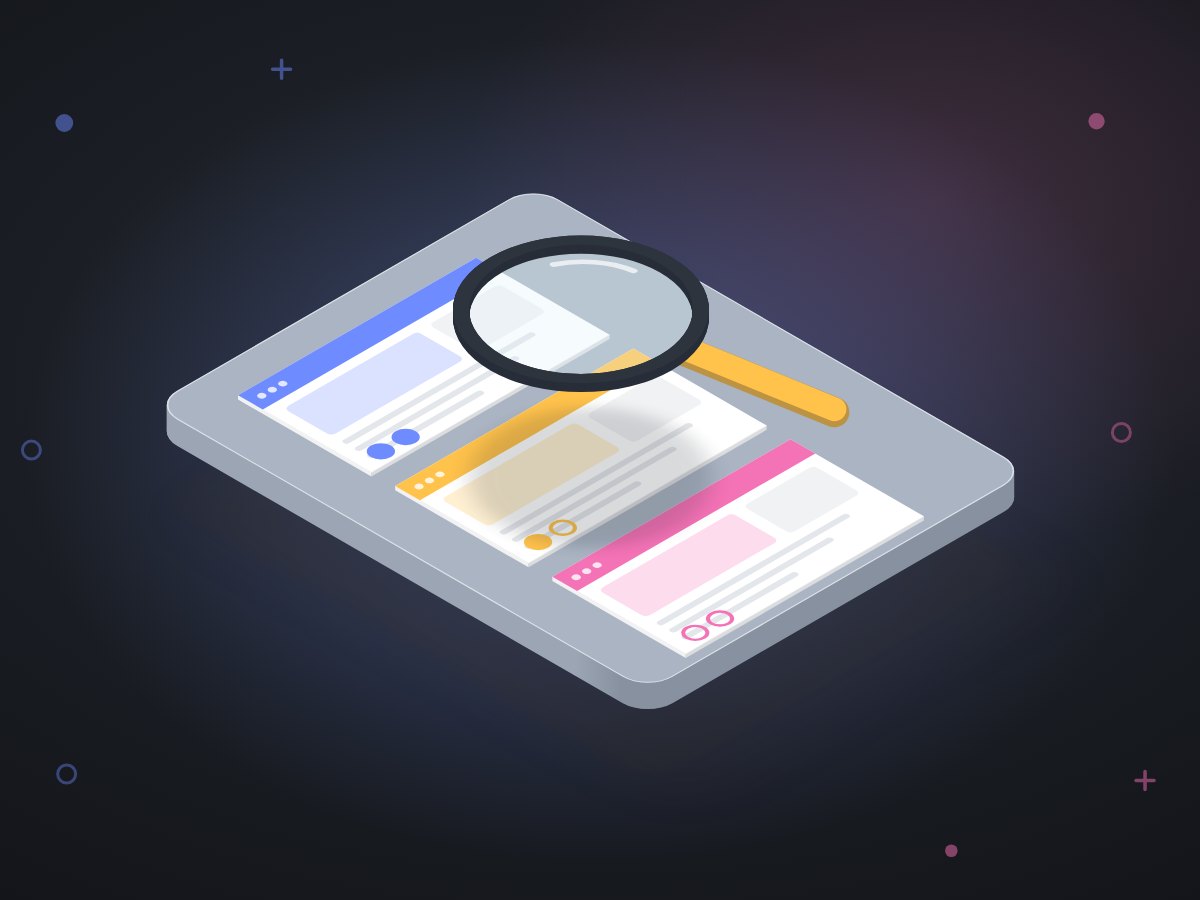 Illustration: a magnifying glass over three unnamed website cards, each with a row of score dots