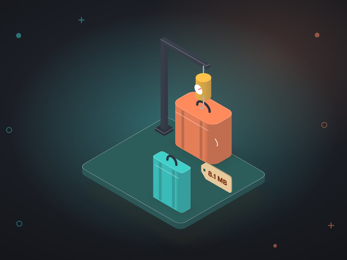 Illustration: a heavy suitcase labelled 8.1 MB hanging from a luggage scale