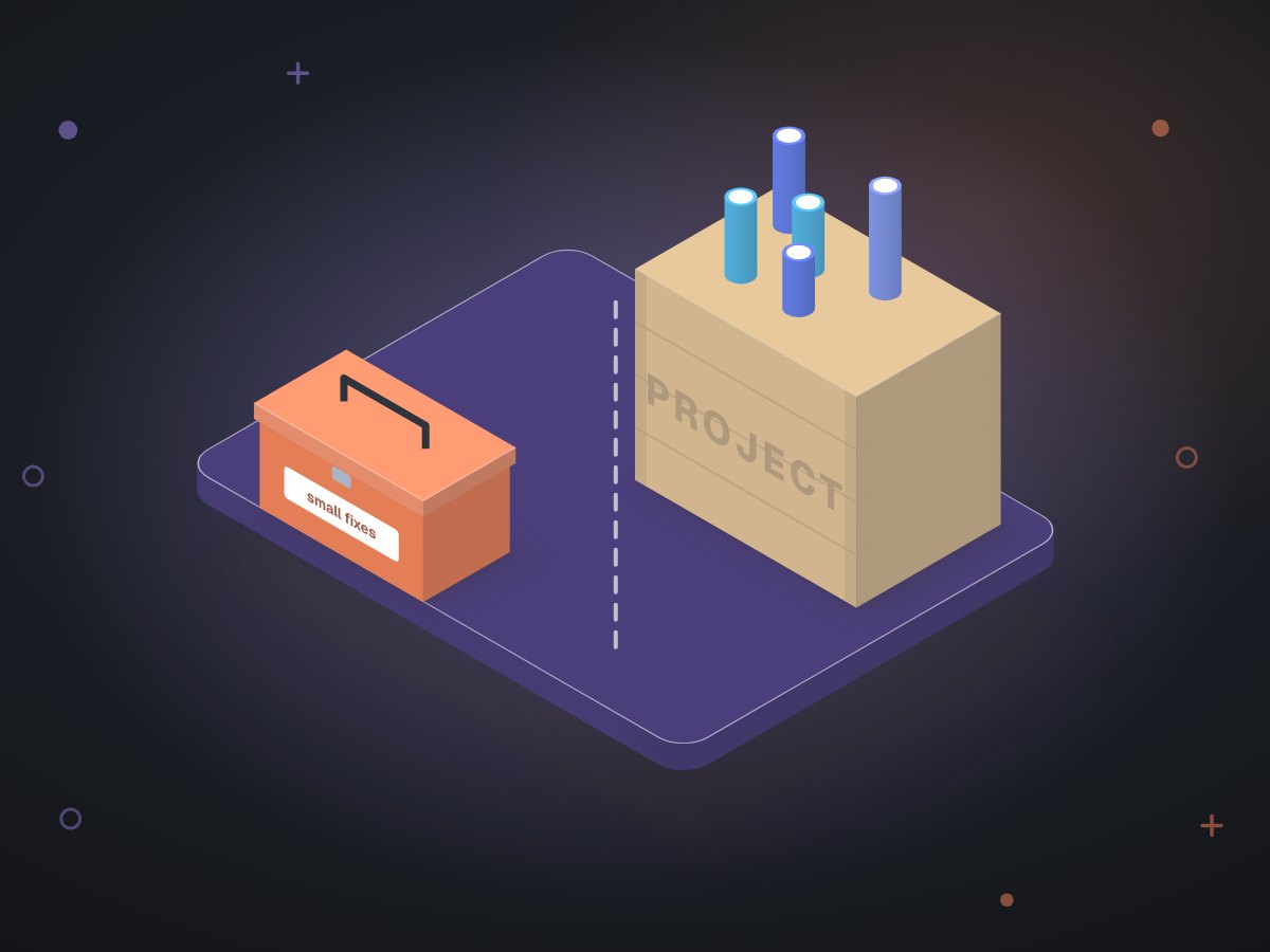 Illustration: a small toolbox for quick fixes beside a big crate of blueprints for a larger project