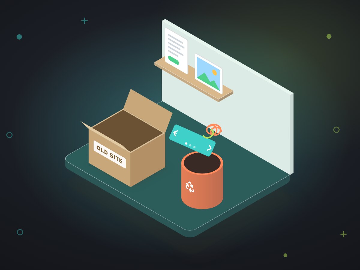 Illustration: an old-site moving box, with the useful pieces kept and the bulky extras going into a recycling bin