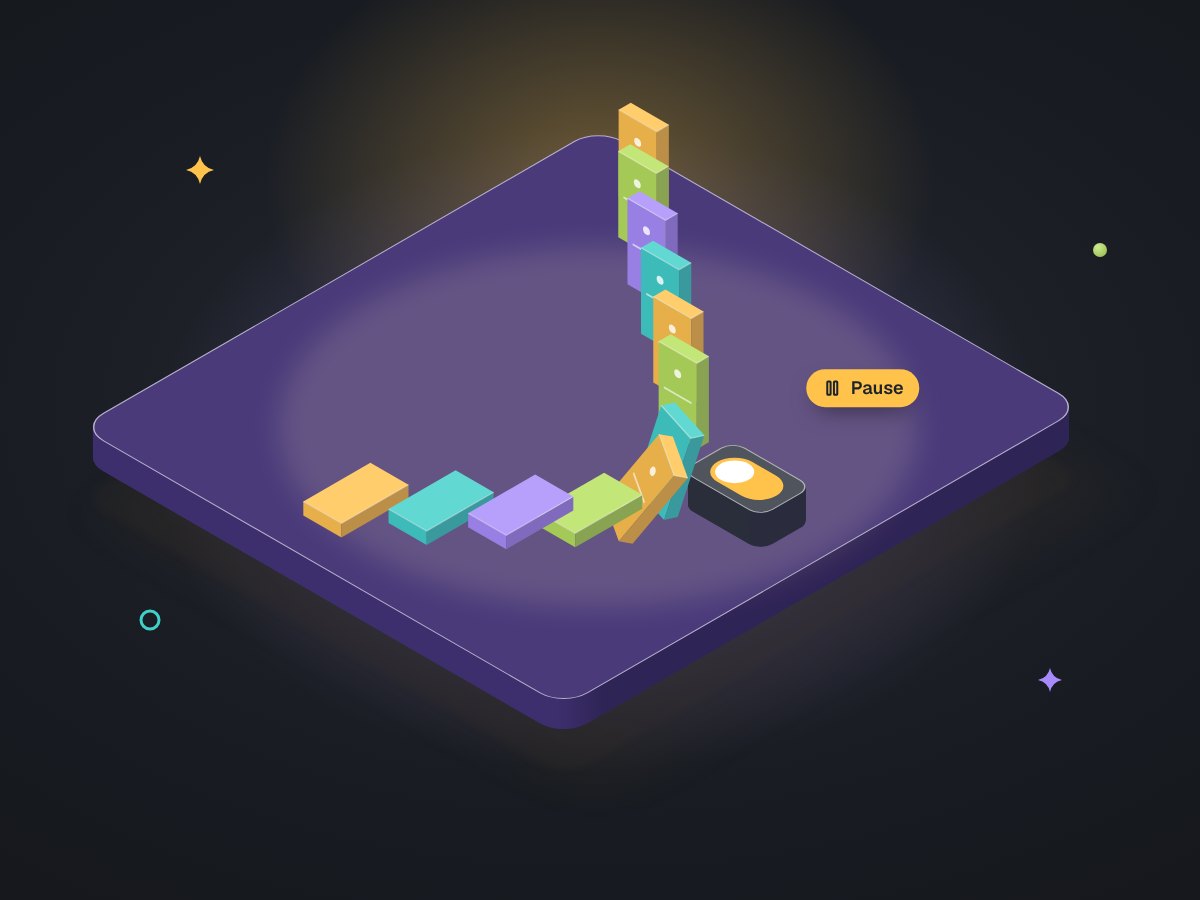 A row of dominoes caught mid-fall and held still by a big pause switch