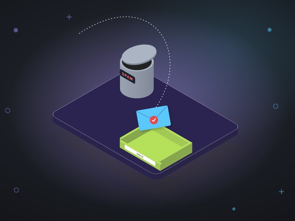 Illustration: a sealed, signed envelope gliding past a spam bin into an inbox tray