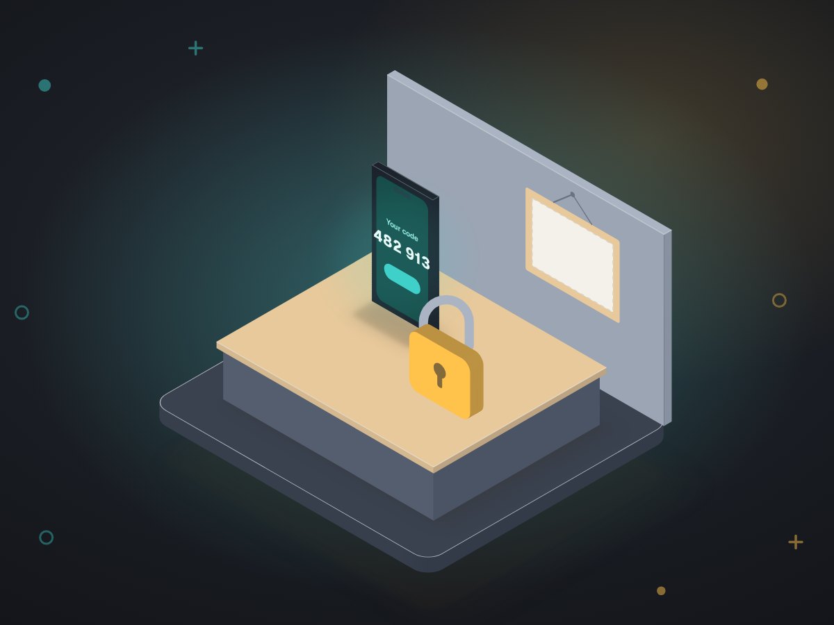 Illustration: a padlock and a phone with a login code, beside an empty certificate frame